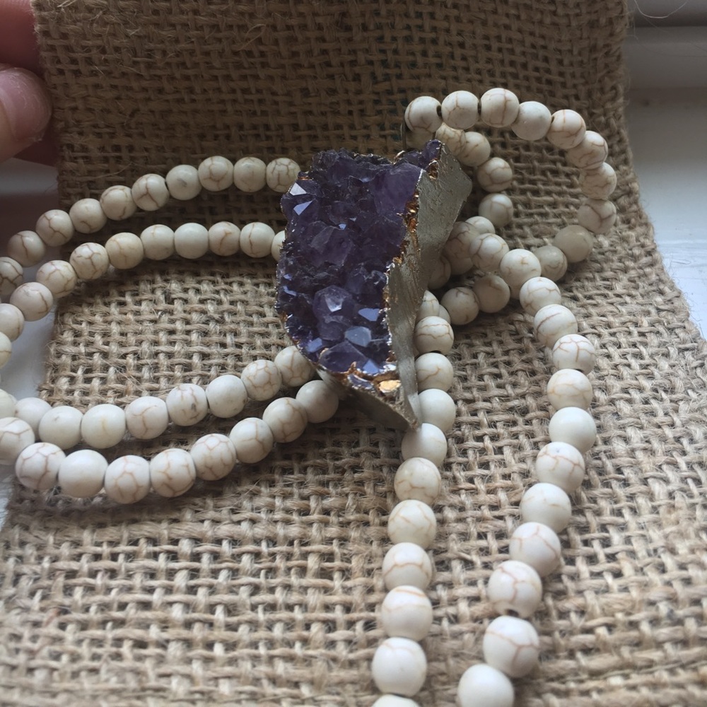 Purple & Gold Druzy with white beaded necklace